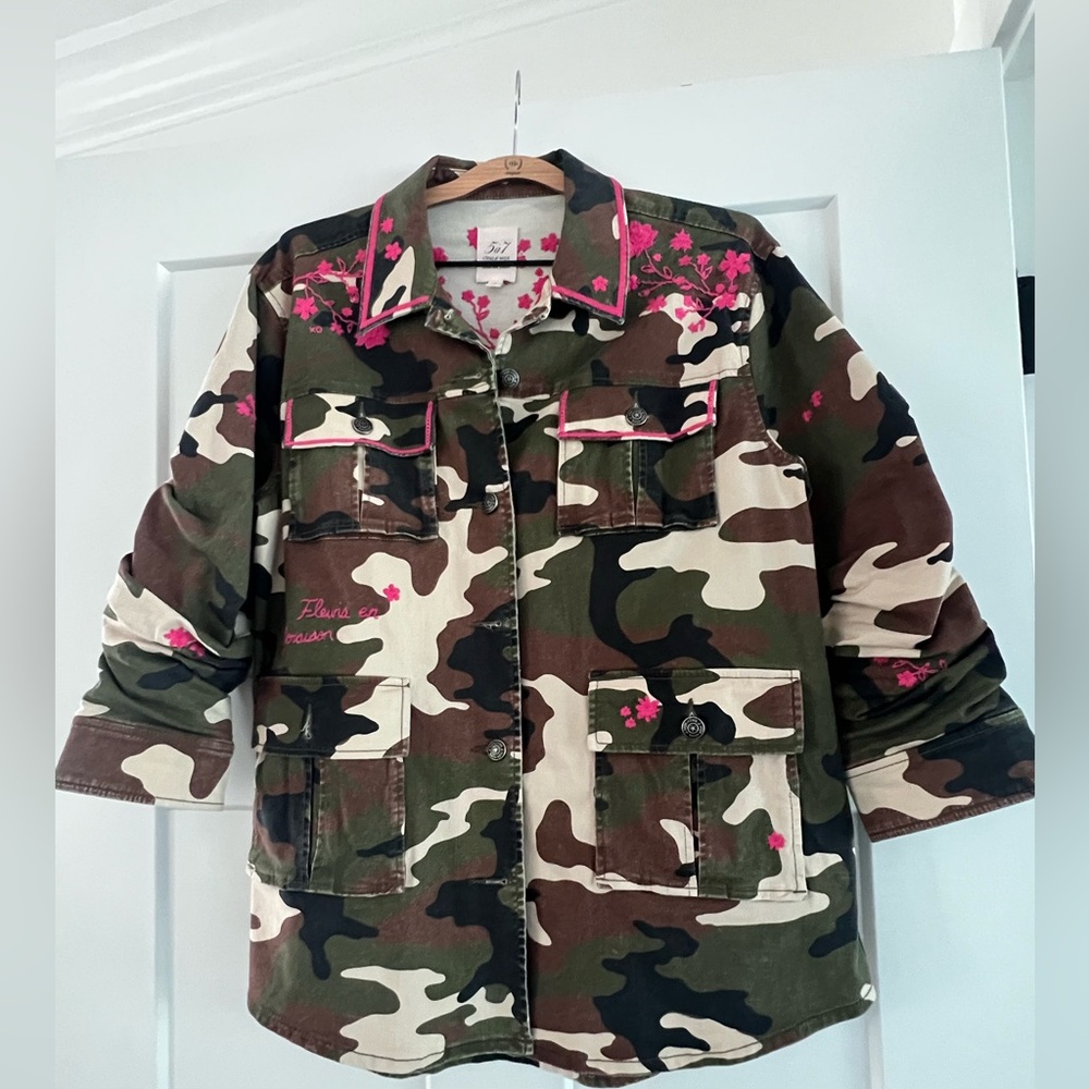 Cinq a Sept Camouflage Jacket with Pink Embroidered Details